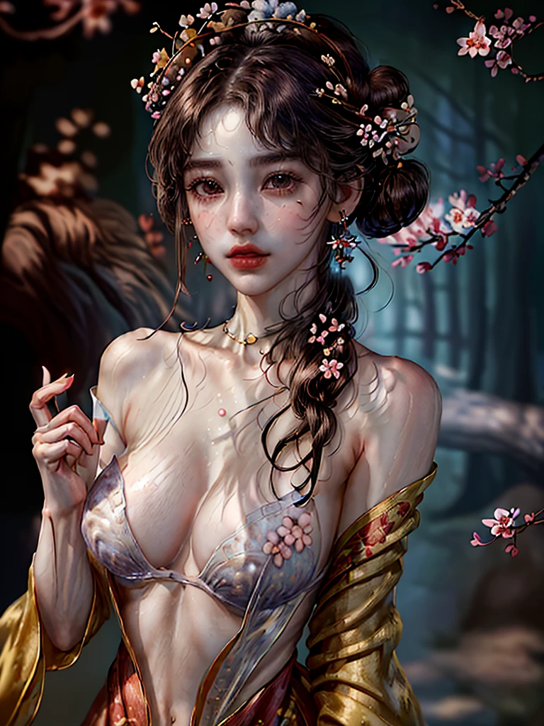 masterpiece,extremely detailed CG unity 8k wallpaper,1girl, beautiful, realistic, blurry, blurry_background, blurry_foreground, branch, brown_hair, plum blossom, depth_of_field, earrings, flower, jewelry, nose, realistic, solo,chinese clothes,fingers hidden, arms hidden, only wearing a bra