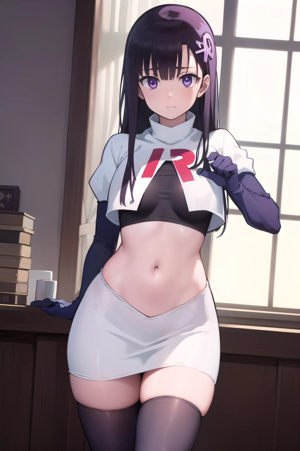 hitomihino, hitomi hino, long hair, black hair, hair ornament, (purple eyes:1.1),
BREAK team rocket,team rocket uniform,white skirt,red letter R,crop top,black thigh-highs,black elbow gloves,
BREAK looking at viewer, cowboy shot,
BREAK (masterpiece:1.2), best quality, high resolution, unity 8k wallpaper, (illustration:0.8), (beautiful detailed eyes:1.6), extremely detailed face, perfect lighting, extremely detailed CG, (perfect hands, perfect anatomy),