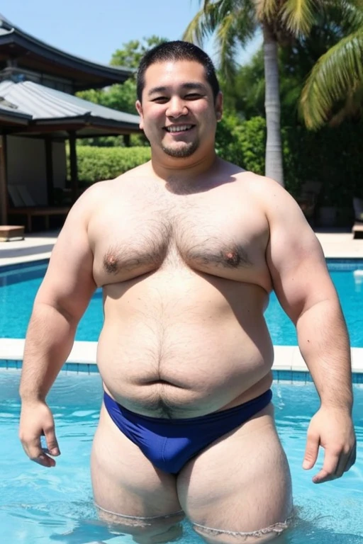 ((highest quality)), ((masterpiece)), (detailed), Perfect Face、Shaved head、Young Japanese、Muscular、Fat body、Big guy、smile、white small swimsuit、Emphasize the chest、Thick legs、Thick arms