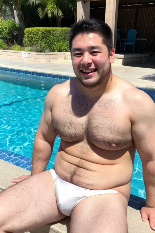 ((highest quality)), ((masterpiece)), (detailed), Perfect Face、Shaved head、Young Japanese、Muscular、Fat body、Big guy、smile、white small swimsuit、Emphasize the chest、Thick legs、Thick arms