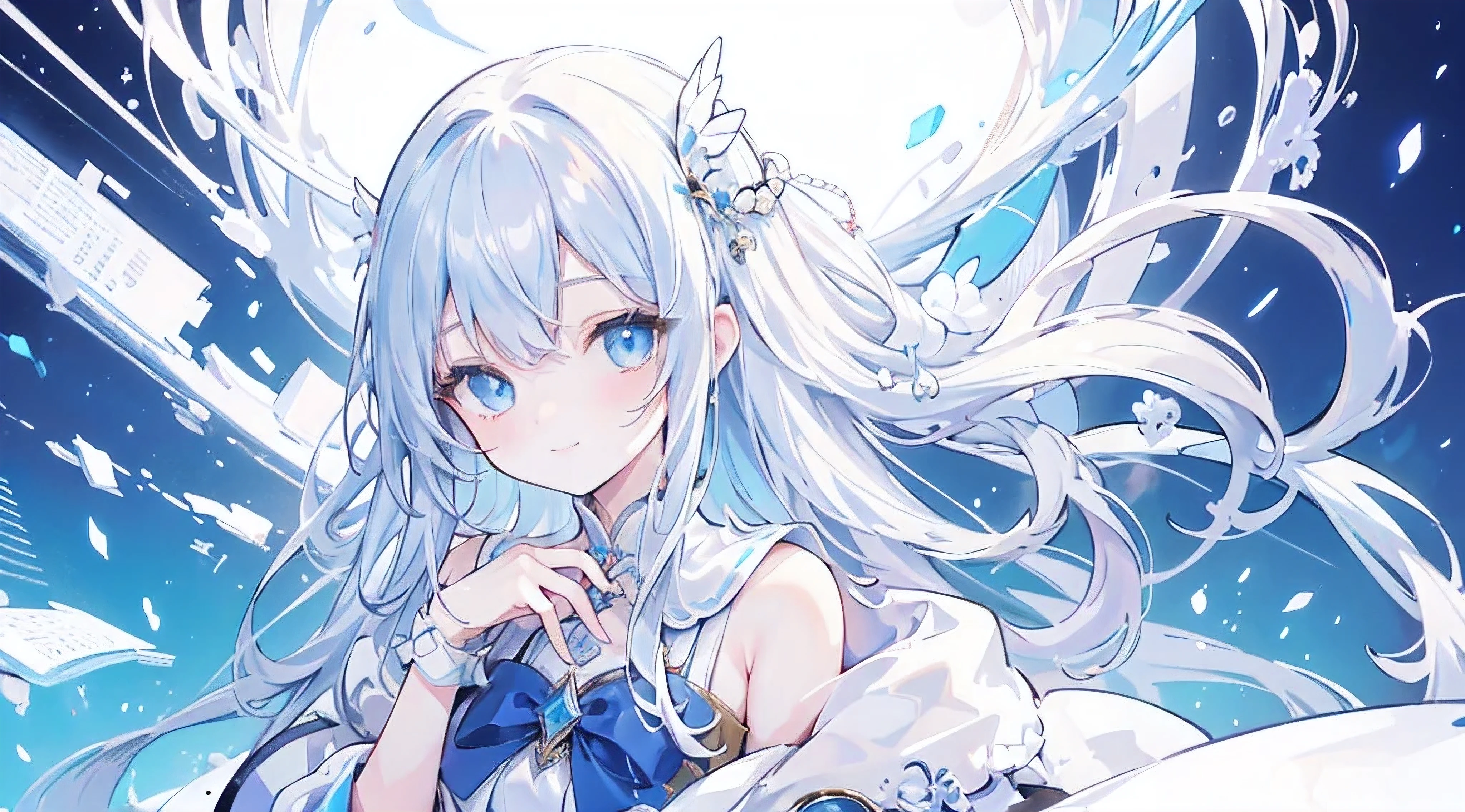 (((masterpiece))), (((8K quality))), a beautiful cute woman, white long hair, blue eye, idol costume, vibrant academia, shy smile