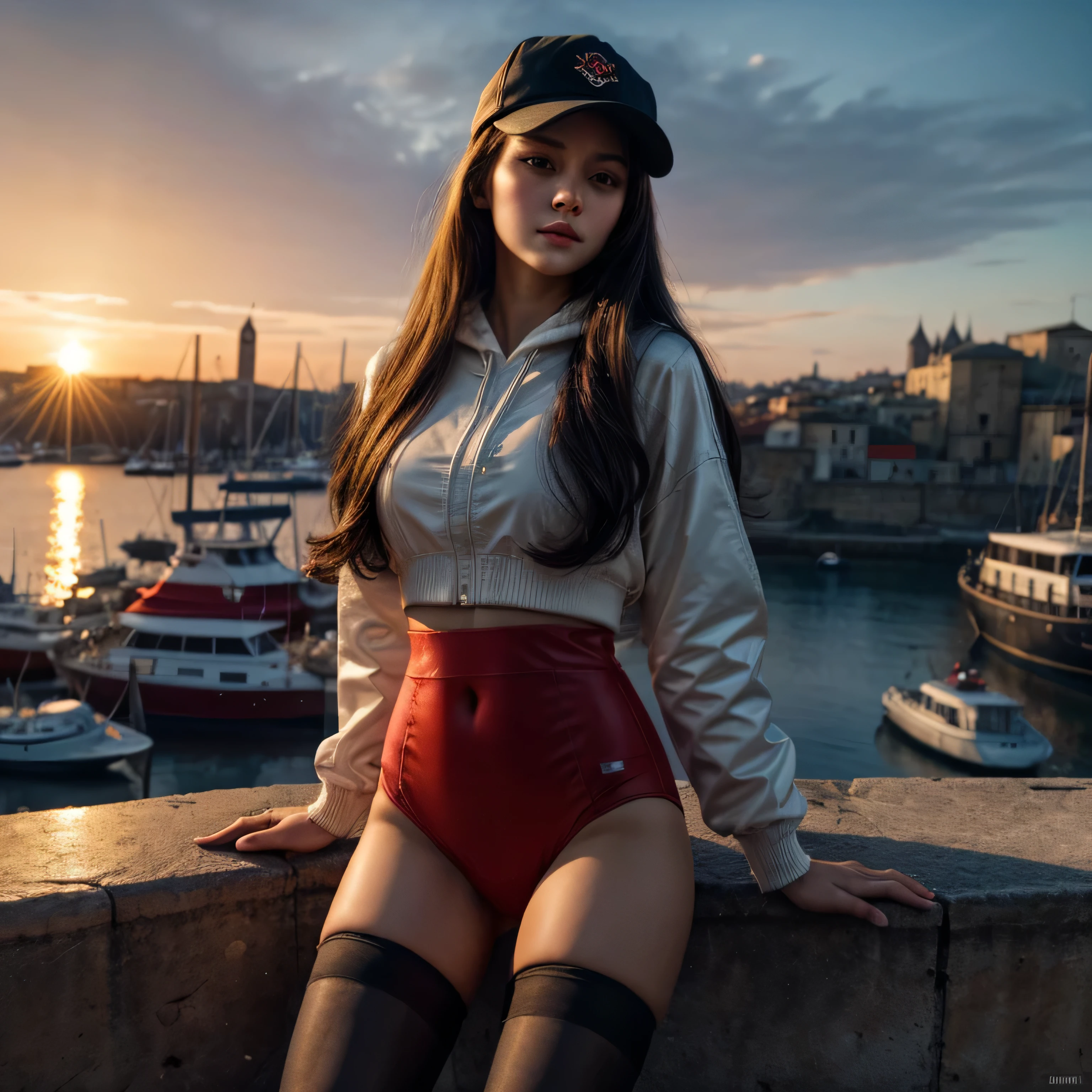 Medium shot, medium shot, depth of field, bust, upper body, cinematic angle, masterpiece, best quality, super detailed, CG, 8K wallpaper, pretty face, delicate eyes, a maiden, solo, white long hair, yellow eyes, hairpin, dark navy shirt, black hooded jacket, red baseball cap, black stockings, black over-the-knee boots, show her panty cameltoe, sunset, medieval port, harbor, detailed water surface, sun reflection