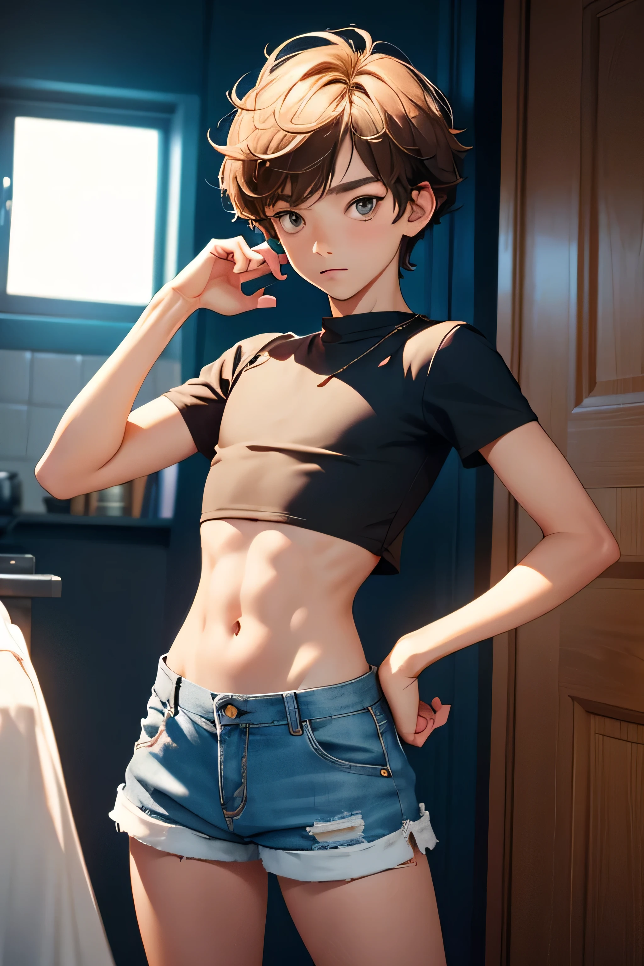 Teen boy 14 years old, boy wears a crop top and too very short shorts,