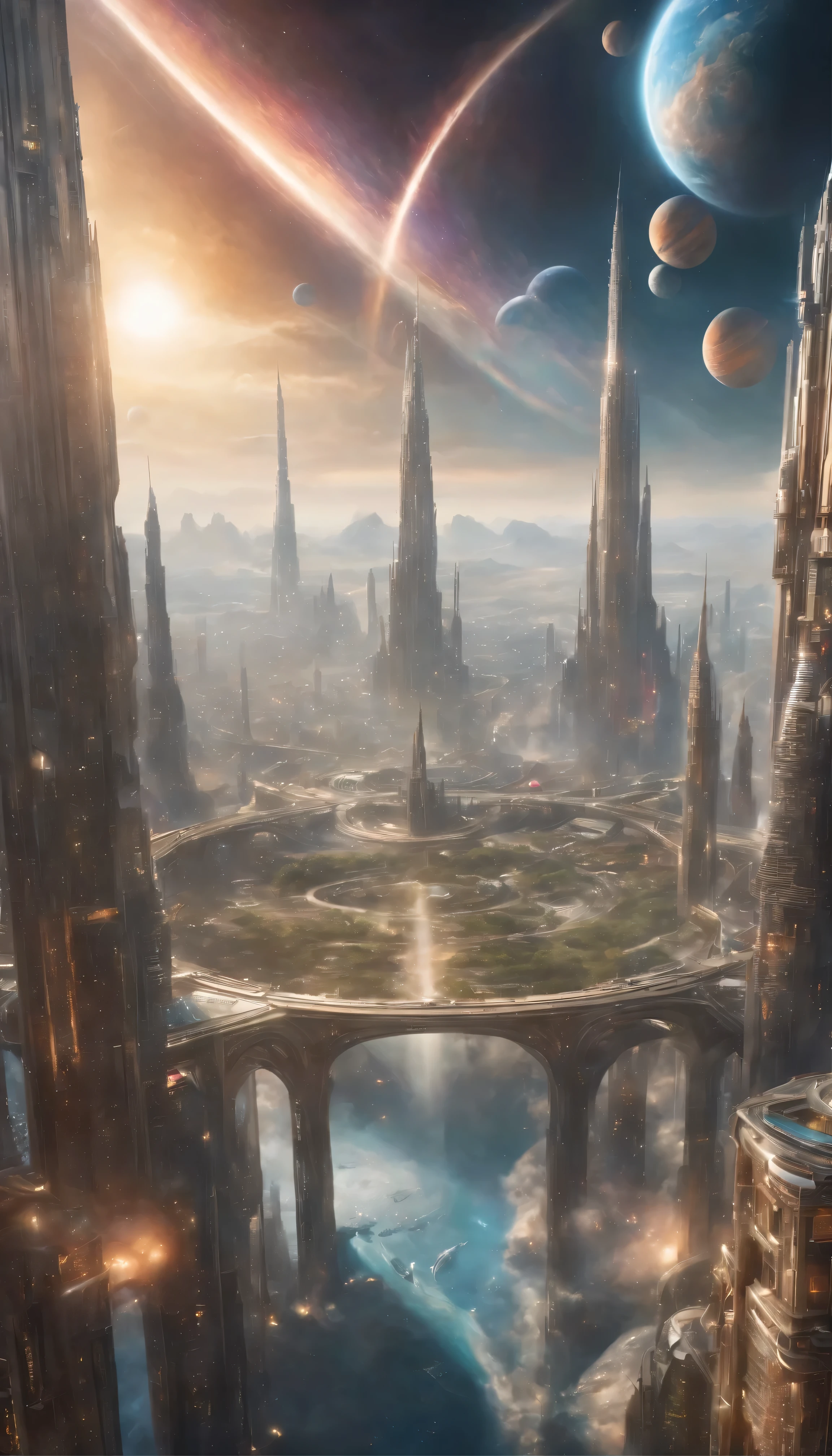 ((Ultra-fine masterpiece)) - Majestic images of huge sci-fi cities: In the endlessly expanding universe、A huge and mysterious city stretches into infinity、A breathtaking view of science fiction art。This magnificent metropolis suspended above the earth、Drifting among the countless planets floating in the sky、Casting an enchanting spell。 With swirling nebulae and swirling cosmic dust dancing around it、The city&#39;s celestial architecture sparkles with an otherworldly blend of elegance and strength.。Decorated with rainbow-colored energy scars
