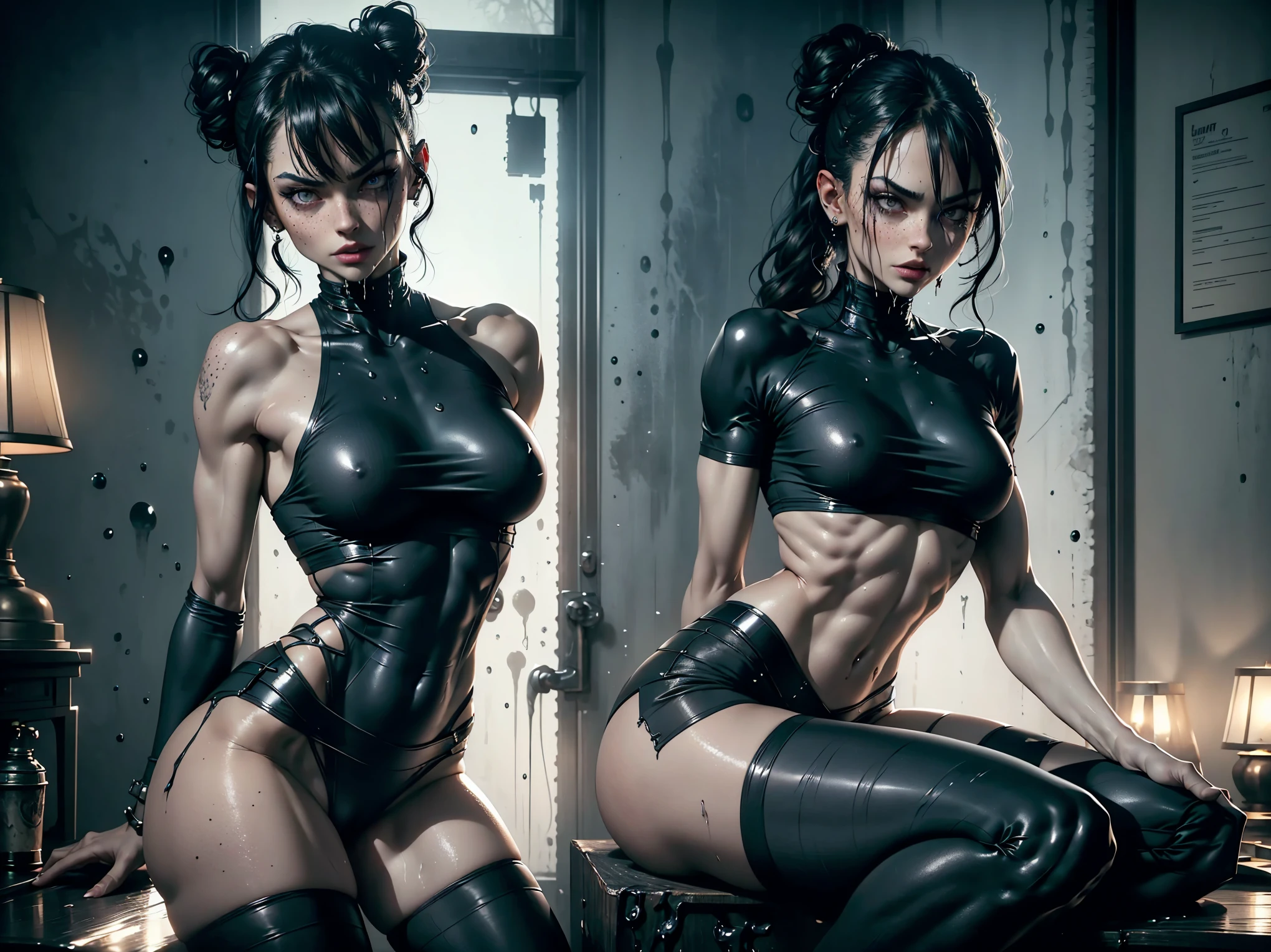 the women want to crush your tiny body with their asses, perfect tight butt, black hair, intense slutty transparent clothes, perfect legs and skinny thighs, tight wet pussy, white dripping cum, ((Perfect eyes and face)), ((closed wet full lips)), ((perfect hands and fingers)), ((( a lot of white cum is dripping out of her pussy))), ((she has a very skinny and toned strong body)), ((makeup)), ((freckles)), ((perfect eyebrows)), ((sharper edges)), ((perfect scary grey eyes)), perfect intimidating face, slut, sadistic, predatory, better detail on her skin, perfect face and strong jawline, perfect full wet lips, sadistic atmosphere, wet sweaty skin, more detail, beautiful intimidating grey eyes, ((beautiful horror)), better lighting, more toned muscles, perfect detail on her intimidating eyes, very tight underwear, ((tight pussy)), (((tighter clothing))), slutty, intense, perfect detail, tight and sexy, ((piercings)), better detail on her bellybutton, skinny, skinny and strong, more skin showing, intense, slutty, freckles, long skinny perfect legs, scary and intense, super sluts, domination, mistress, femdom, future, helpless, powerless, giantess