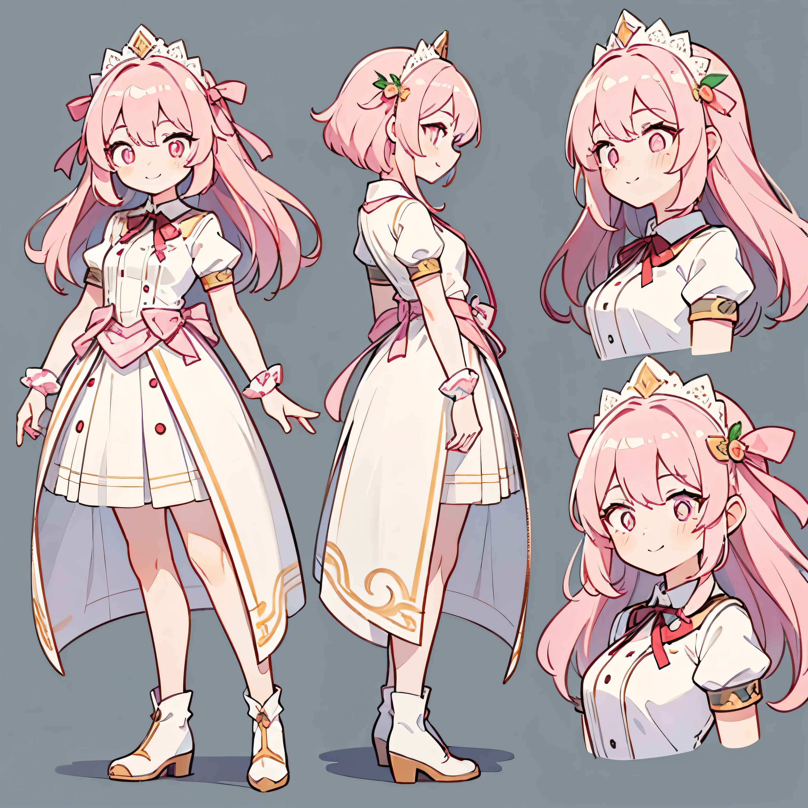 ((((Gray background,)))), whole body, , Front view, Side view, Rear View, Pink eyes, Luminous pupils, Delicate headdress, Long, straight pink hair, ribbon, jewelry, A light smile, uniform, (Reference table), Ultra-high resolution, Accurate, Super Detail, Awards, Attention to detail, highest quality, 8k