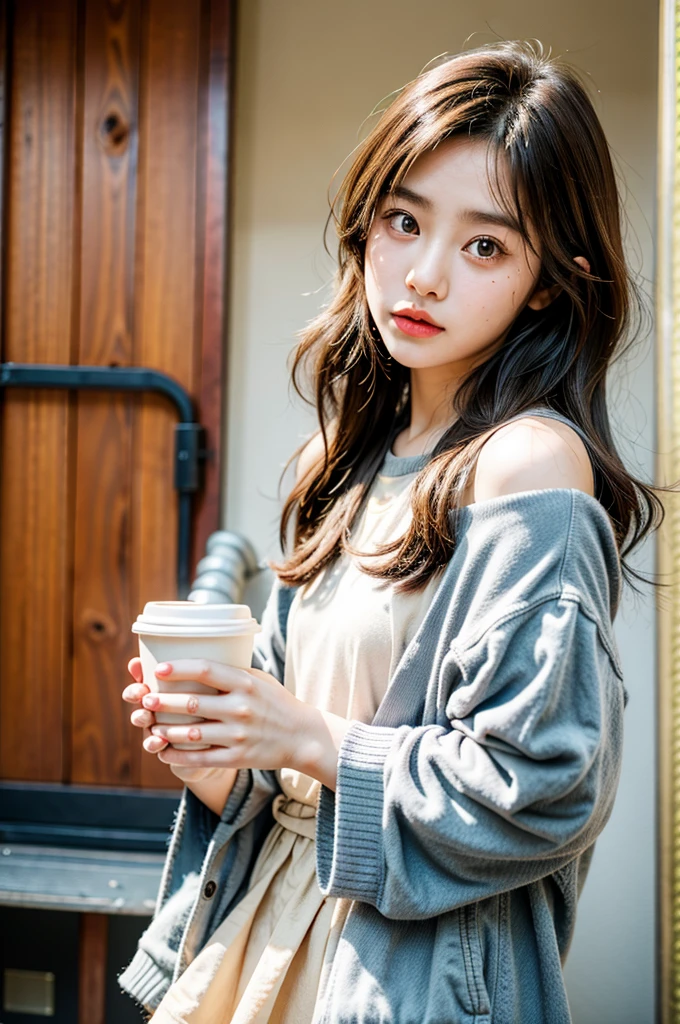 young girl holding coffee cup in hand, cute girl, cute-fine face, cute-fine-face, Sakimi-chan, Chiho, Yoshitomo Nara, young cute face, beautiful Japan girl face, brown hair and big eyes, cute pretty girl, beauty