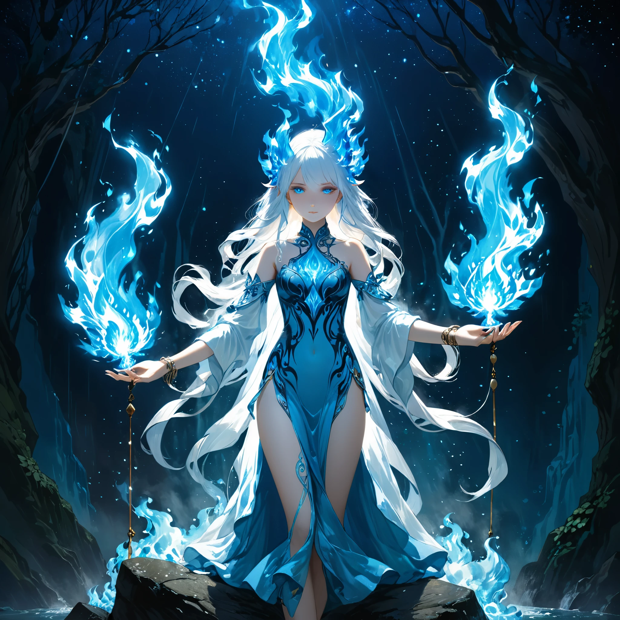 surrealist style,(depicting (((blue fire))) Elemental figurine designed:1.2),character design by Liu Ye,Edwin Austin Abbey,
 BREAK
 long white hair,white eyes,white clothes, Flame between eyebrows，
BREAK
 (pose:1.4),(the lines of movement of the wind:1.4),（Starry sky background：1.2），A glittering waterfall hanging from the sky，(elementalized body:1.1),ring lightning,