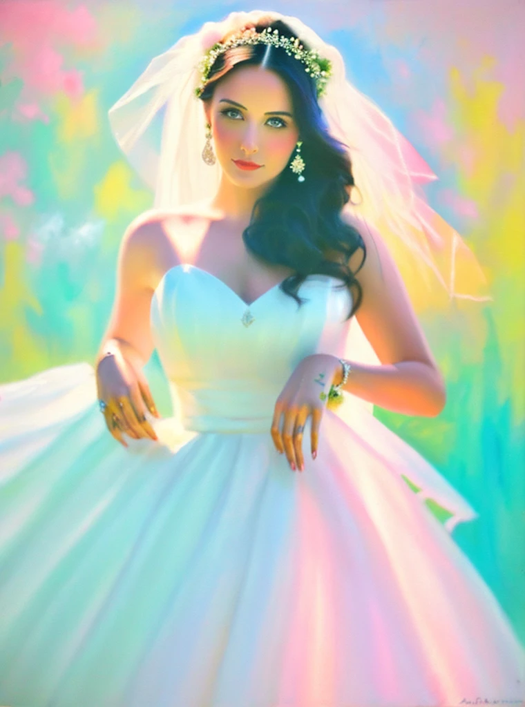 (highest quality), (((Painting of a bride))), ((Bright design)) , ((pastel colour)),((Drops of ink)),(Autumn Light :0.8)