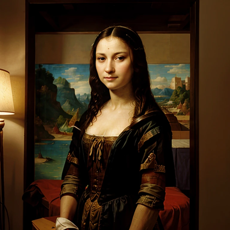 An oil portrait of a nude female figure, in Renaissance style, with a still life background."
