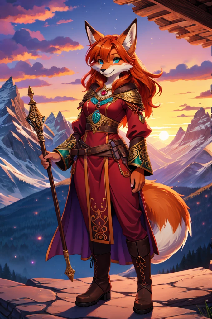 bright colors, fantasy style art, looking at viewer, facing viewer, beautiful anthropomorphic female fox, mature and young, tall character, 5 feet 11 inches tall, fluffy fox fur, teal eyes, orange fur, long wavy bright orange hair, shapely body, skinny body, healthy body, curvy body, purple and red warrior outfit, ornate red clothes, fancy purple patterns and symbols, 2 red dress coattails hanging down her sides, high brown leather boots, long draping red sleeves, long fluffy fox tail, standing on a mountainside, on the side of the mountain peak, sunset, brilliant cloudy sky, sunset lighting up the clouds, smiling, pleased expression, high quality digital art, 2k, professional illustration, highly detailed