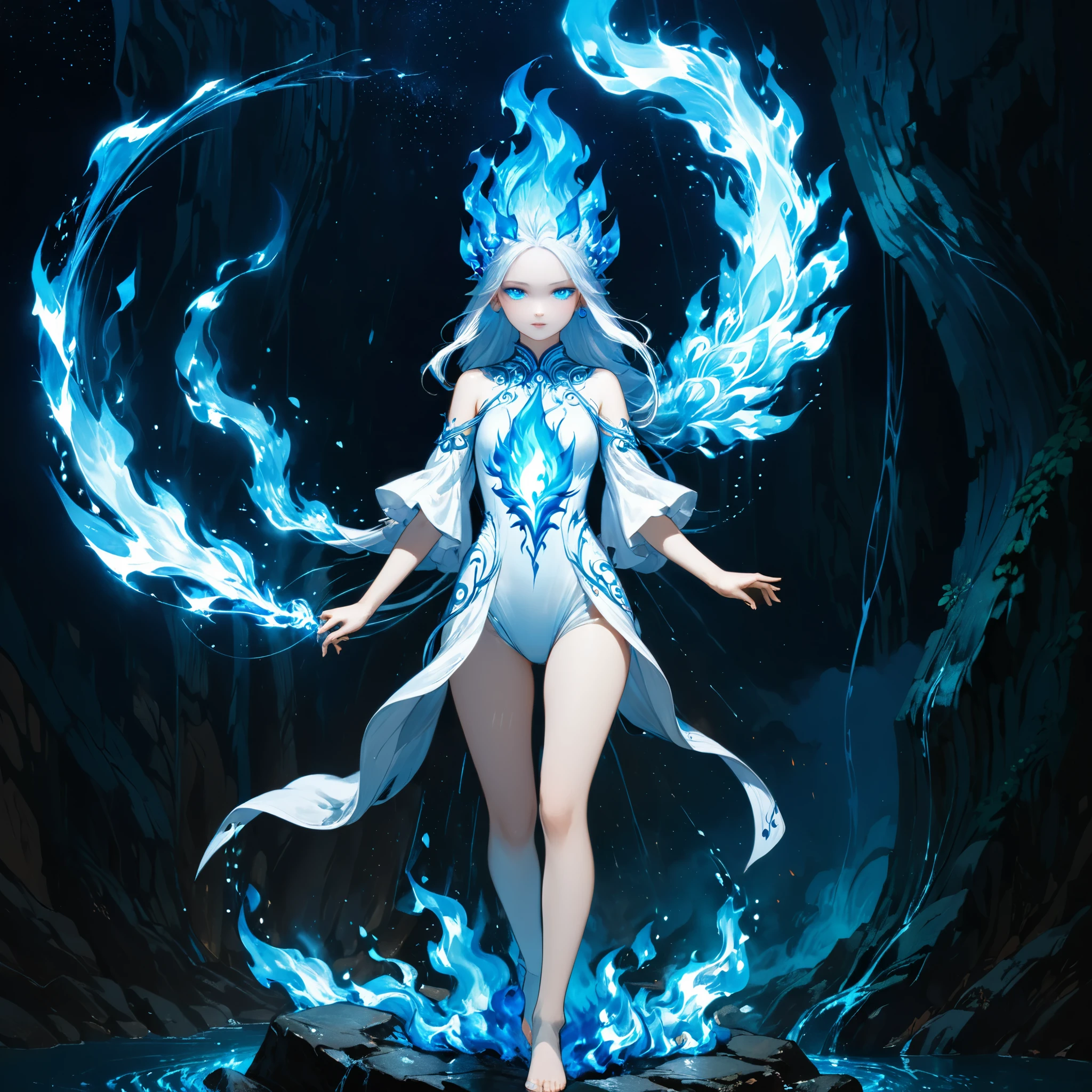 surrealist style,(depicting (((blue fire))) Elemental figurine designed:1.2),character design by Liu Ye,Edwin Austin Abbey,
 BREAK
 long white hair,white eyes,white clothes, Flame between eyebrows，
BREAK
 (pose:1.4),(the lines of movement of the wind:1.4),（Starry sky background：1.2），A glittering waterfall hanging from the sky，(elementalized body:1.1),ring lightning,