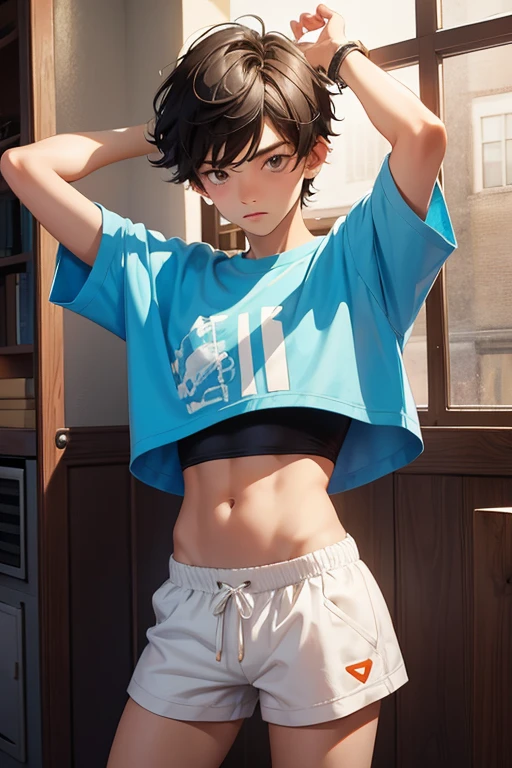 Teen boy 14 years old, boy wears a crop top and too very short shorts,