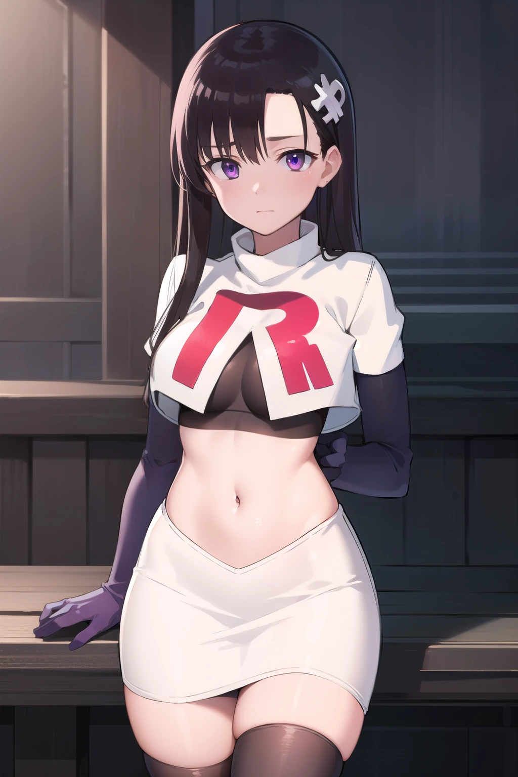 hitomihino, hitomi hino, long hair, black hair, hair ornament, (purple eyes:1.1),
BREAK team rocket,team rocket uniform,white skirt,red letter R,crop top,black thigh-highs,black elbow gloves,
BREAK looking at viewer, cowboy shot,
BREAK (masterpiece:1.2), best quality, high resolution, unity 8k wallpaper, (illustration:0.8), (beautiful detailed eyes:1.6), extremely detailed face, perfect lighting, extremely detailed CG, (perfect hands, perfect anatomy),