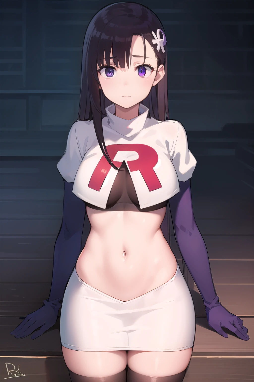 hitomihino, hitomi hino, long hair, black hair, hair ornament, (purple eyes:1.1),
BREAK team rocket,team rocket uniform,white skirt,red letter R,crop top,black thigh-highs,black elbow gloves,
BREAK looking at viewer, cowboy shot,
BREAK (masterpiece:1.2), best quality, high resolution, unity 8k wallpaper, (illustration:0.8), (beautiful detailed eyes:1.6), extremely detailed face, perfect lighting, extremely detailed CG, (perfect hands, perfect anatomy),