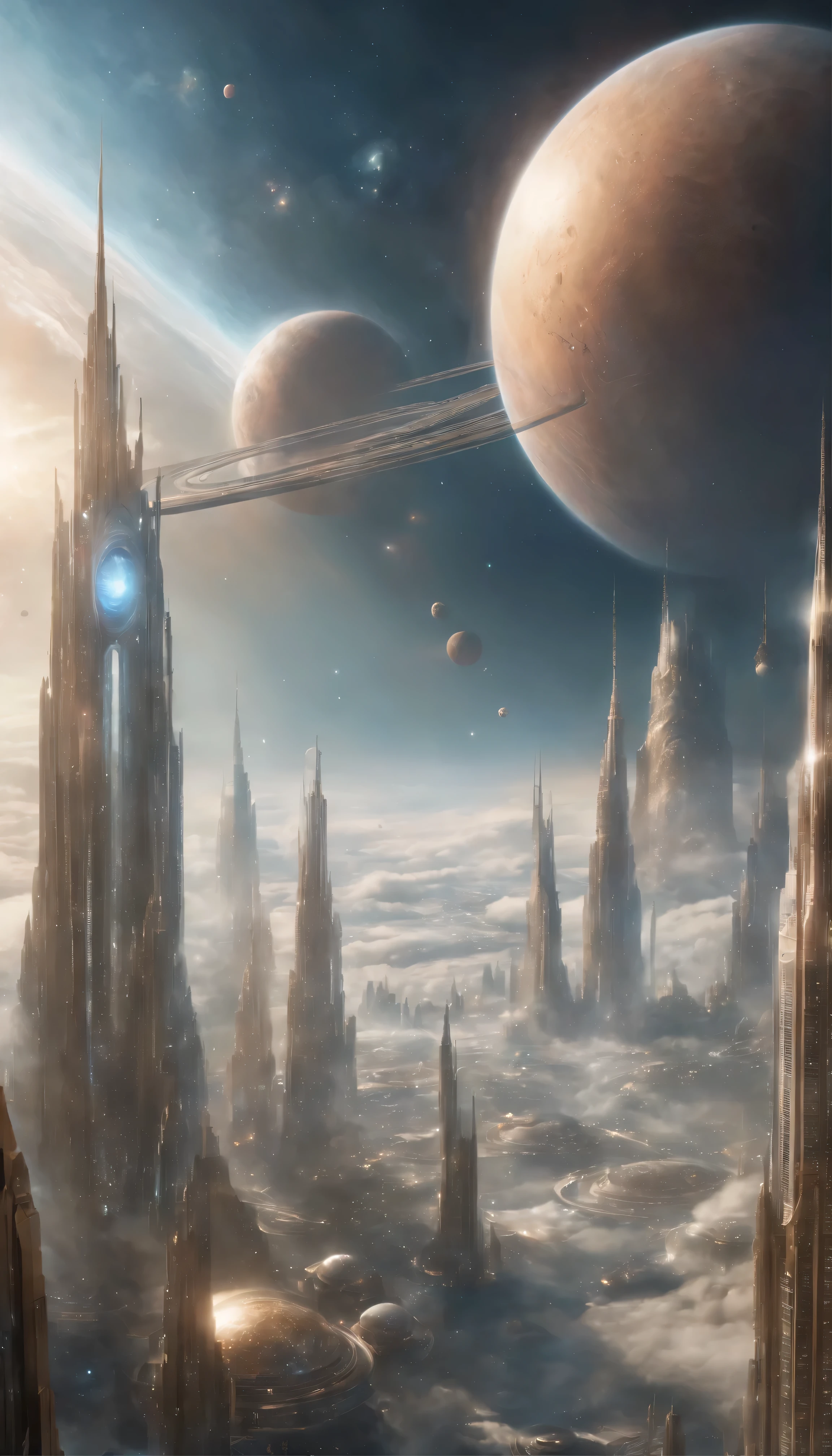((Ultra-fine masterpiece)) - Majestic images of huge sci-fi cities: In the endlessly expanding universe、A huge and mysterious city stretches into infinity、A breathtaking view of science fiction art。This magnificent metropolis suspended above the earth、Drifting among the countless planets floating in the sky、Casting an enchanting spell。 With swirling nebulae and swirling cosmic dust dancing around it、The city's celestial architecture sparkles with an otherworldly blend of elegance and strength.。Decorated with rainbow-colored energy scars