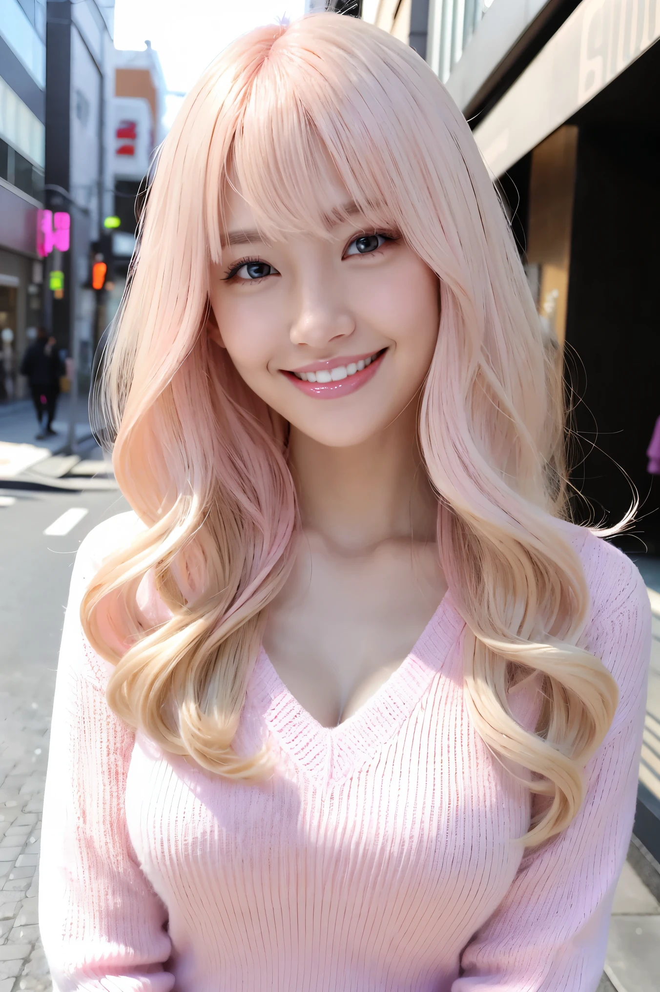 (Tabletop、highest quality、8k、Award-winning works、Ultra-high resolution)、One beautiful woman、(Fluffy light pink V-neck long sleeve knit:1.3)、(golden and pink hair:1.2)、(blonde:1.2)、Bright color contacts、Perfect Makeup、Bright and shiny lipstick、(Very heavy makeup:1.1)、(Pink Eyeshadow:1.1)、Heavy makeup around the eyes、(Face close-up:1.2)、Very long wavy hair、The best smile you ever had when you saw me、(Accentuate your body lines:1.1)、(Strongly blurred vibrant Harajuku streetscape background:1.1)、(Strongly blurred background:1.1)、Accurate anatomy、Ultra HD Hair、(Ultra-high resolutionの完璧な美しい歯:1.1)、Ultra-high definition beauty face、Ultra HD Hair、Ultra HD Shining Eyes、輝くUltra-high resolutionの美肌、Ultra-high resolutionの艶やかな唇