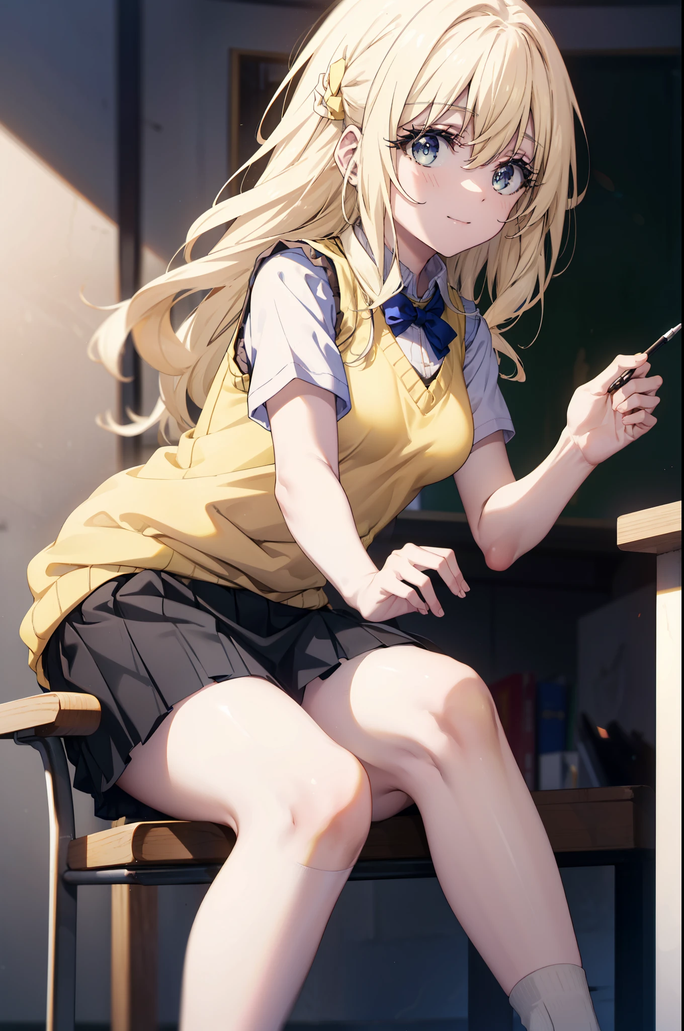 Priestessess, Priestessess, Blonde, blue eyes, Long Hair, Hair between the eyes, (Small breasts:1.2), smile,white yシャツ, Short sleeve, Pleated skirt, Collared shirt, mini skirt, White knee socks, (Black Skirt:1.5), Sweater vest, (yellow Sweater vest:1.5),Brown Loafers,Daytime,sunny,sitting on a chair with legs crossed,There is a textbook on the desk,whole bodyがイラストに入るように,
break indoors, classroom,
break looking at viewer, whole body,
break (masterpiece:1.2), highest quality, High resolution, unity 8k wallpaper, (figure:0.8), (Beautiful fine details:1.6), Highly detailed face, Perfect lighting, Highly detailed CG, (Perfect hands, Perfect Anatomy),