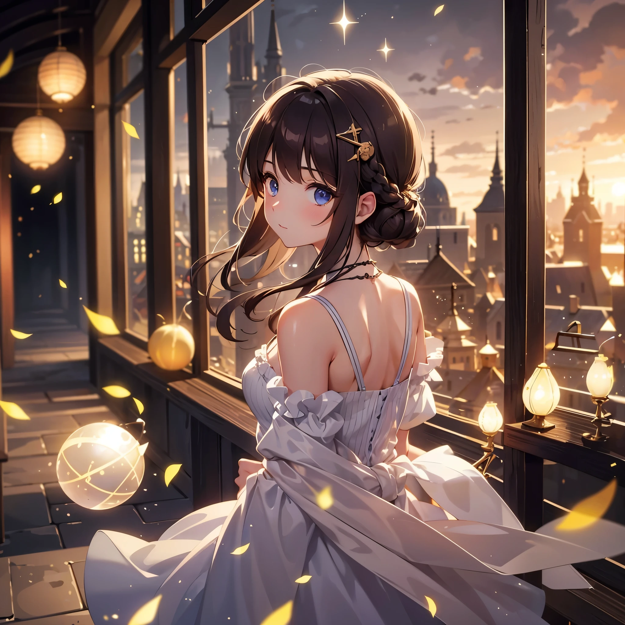brown hair, hairpin, depth of field, cinematic lighting, cinematic lighting, film grain, UHD, retina, masterpiece, 4K、In a medieval European town, a young girl stands with her back towards us, holding a ball filled with fruits. The perspective is from above, as if peering down, capturing the moment when the girl turns around to face us.