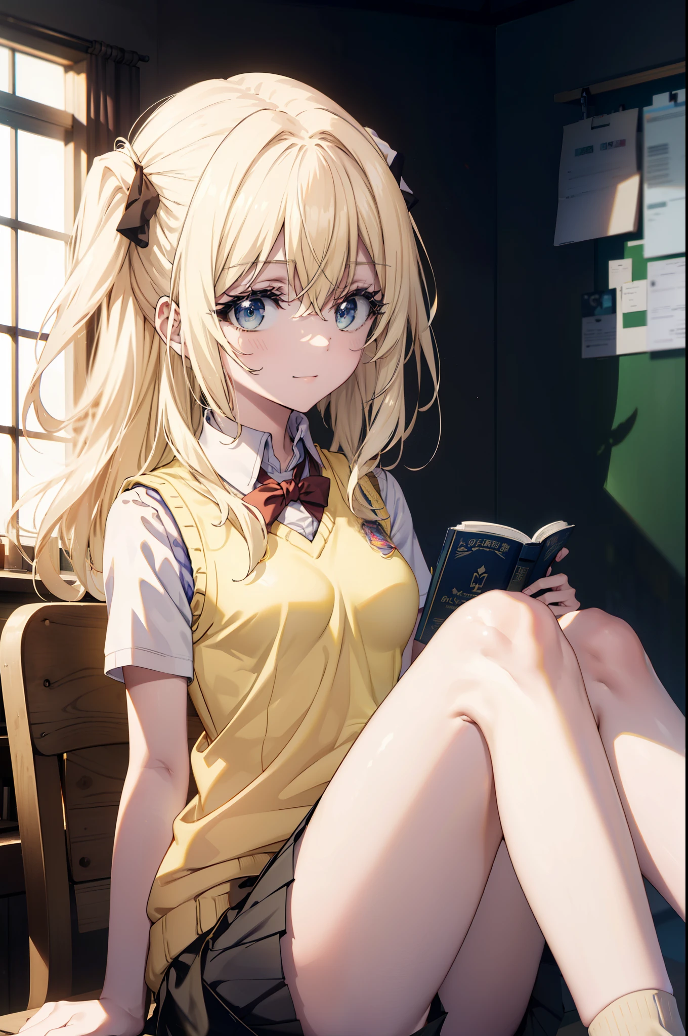 Anime girl sitting on a chair reading a book in a room - SeaArt AI