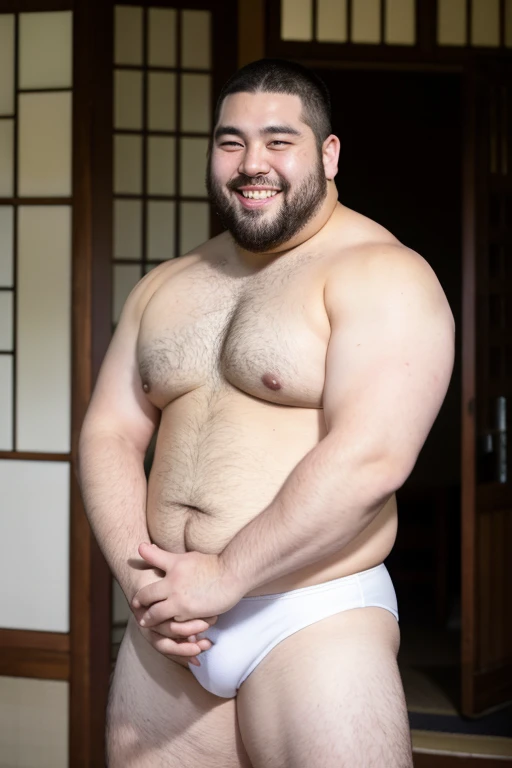 ((highest quality)), ((masterpiece)), (detailed), Perfect Face、Shaved head、Young Japanese、Muscular、Fat body、Big guy、smile、white small swimsuit、Emphasize the chest、Thick legs、Thick arms