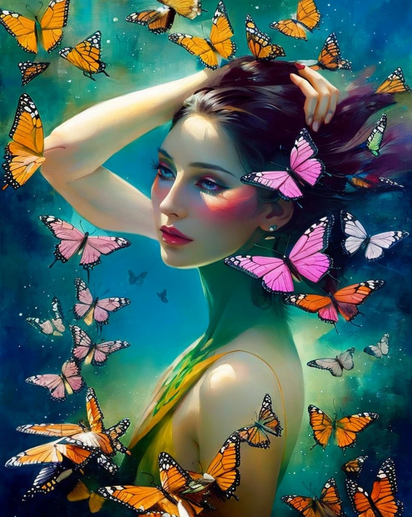chaos, elegant, Vibrant colors, art:Anne Bachelier, Atmospheric, girl, elegant, butterfly, Blooming Flowers, moving, dramatic, whole body, organic composition