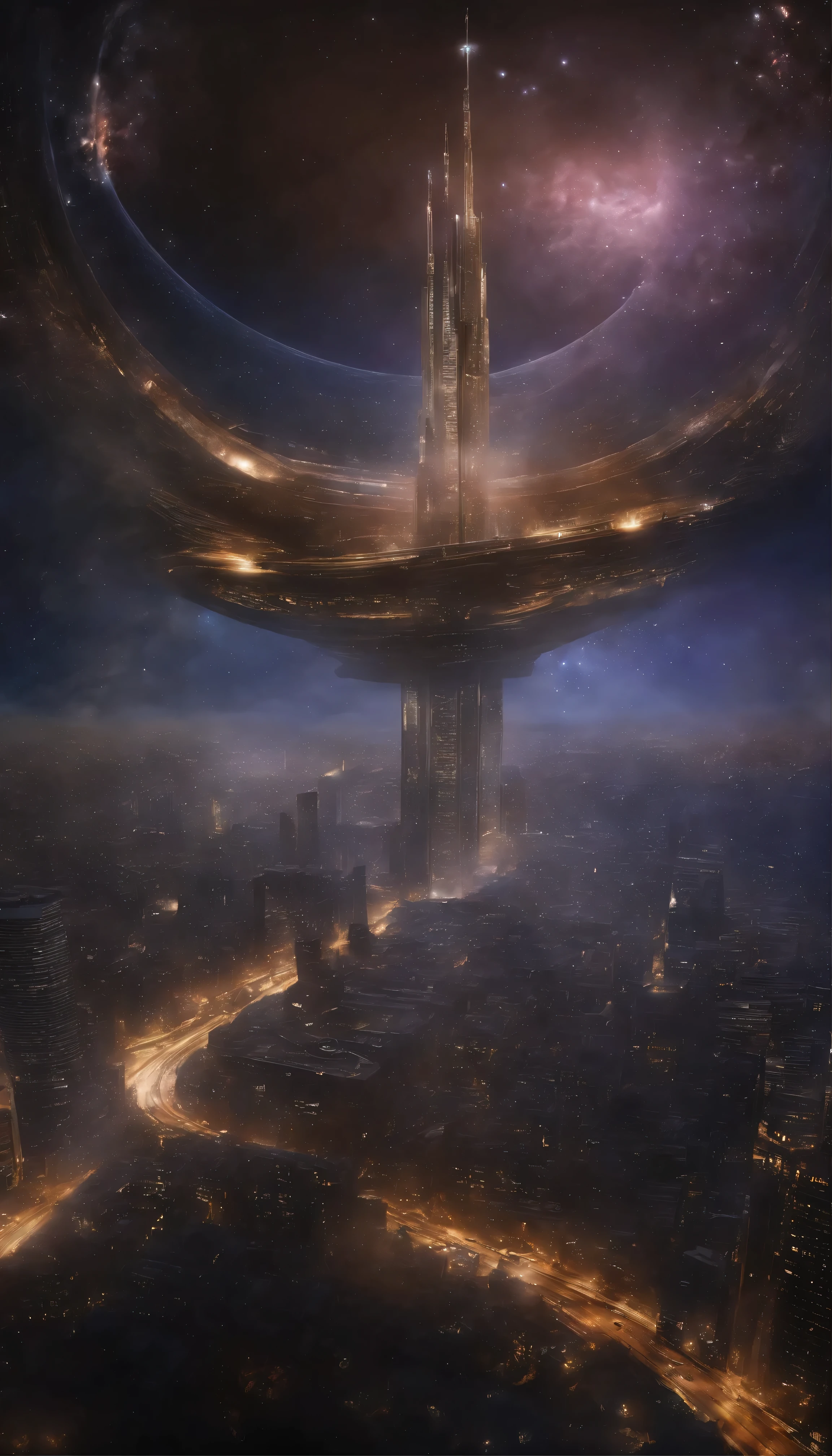 ((Ultra-fine masterpiece)) - Majestic images of huge sci-fi cities: In the endlessly expanding universe、A huge and mysterious city stretches into infinity、A breathtaking view of science fiction art。This magnificent metropolis suspended above the earth、Drifting among the countless planets floating in the sky、Casting an enchanting spell。 With swirling nebulae and swirling cosmic dust dancing around it、The city's celestial architecture sparkles with an otherworldly blend of elegance and strength.。Decorated with purple energy scars