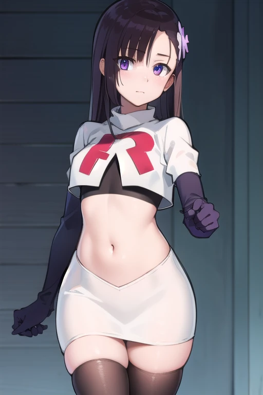 hitomihino, hitomi hino, long hair, black hair, hair ornament, (purple eyes:1.1),
BREAK team rocket,team rocket uniform,white skirt,red letter R,crop top,black thigh-highs,black elbow gloves,
BREAK looking at viewer, cowboy shot,
BREAK (masterpiece:1.2), best quality, high resolution, unity 8k wallpaper, (illustration:0.8), (beautiful detailed eyes:1.6), extremely detailed face, perfect lighting, extremely detailed CG, (perfect hands, perfect anatomy),