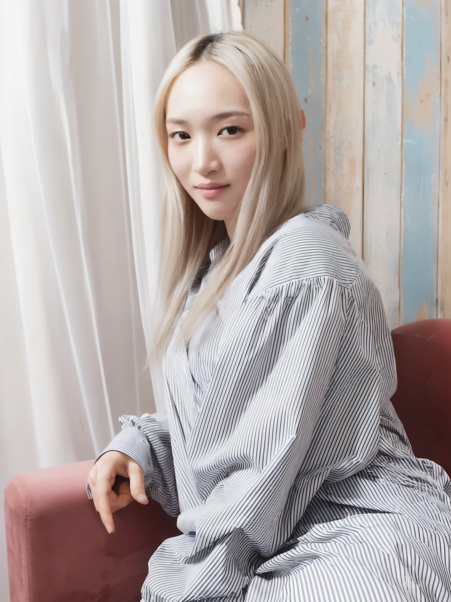 arafed woman sitting on a red chair in a striped shirt, wearing a simple robe, casual pose, with long blond hair, young asian woman, japanese model, taken with canon eos 5 d mark iv, chiho, photoshoot portrait, shikamimi, young asian girl, a young asian woman, ethnicity : japanese, taken with canon 5d mk4