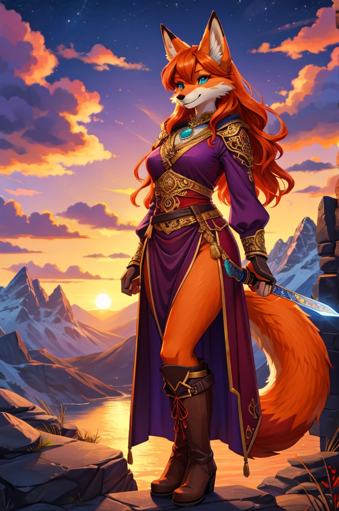 bright colors, fantasy style art, looking at viewer, facing viewer, beautiful anthropomorphic female fox, mature and young, tall character, 5 feet 11 inches tall, fluffy fox fur, teal eyes, orange fur, long wavy bright orange hair, shapely body, skinny body, healthy body, curvy body, purple and red warrior outfit, ornate red clothes, fancy purple patterns and symbols, 2 red dress coattails hanging down her sides, high brown leather boots, long draping red sleeves, long fluffy fox tail, standing on a mountainside, on the side of the mountain peak, sunset, brilliant cloudy sky, sunset lighting up the clouds, smiling, pleased expression, holding a long orange sword, sharp rapier sword, high quality digital art, 2k, professional illustration, highly detailed