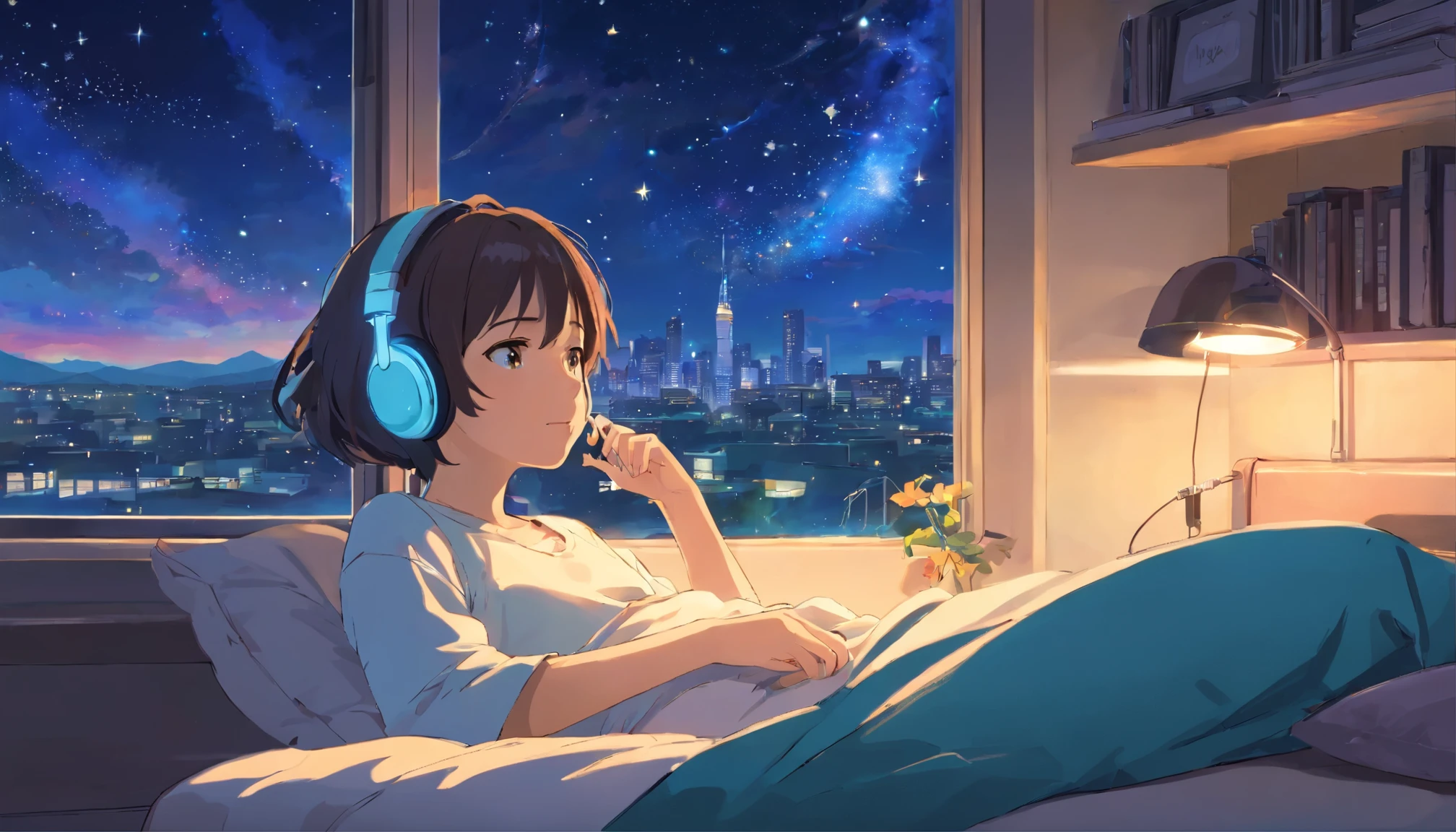 Girl listening to music with headphones by the window in bed、night、Lots of stars in the sky、Mobile phone in hand