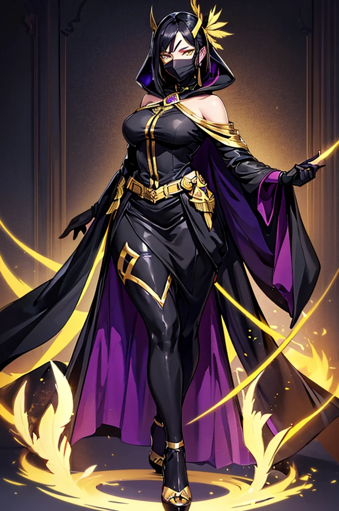 image of a 5'9ft tall woman, with black hair and golden yellow eyes. She is wearing a black cape with a black hood, a purple robe, black fingerless gloves, black high heels. She is also wearing a golden full face mask. There is also feathers on her left shoulder of her cape