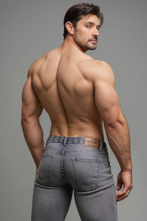 45yo muscular man, stubble, scruffy, broad shoulders, face detailed, black hair , full body, muscular body, ((big butt)), gray jeans backside