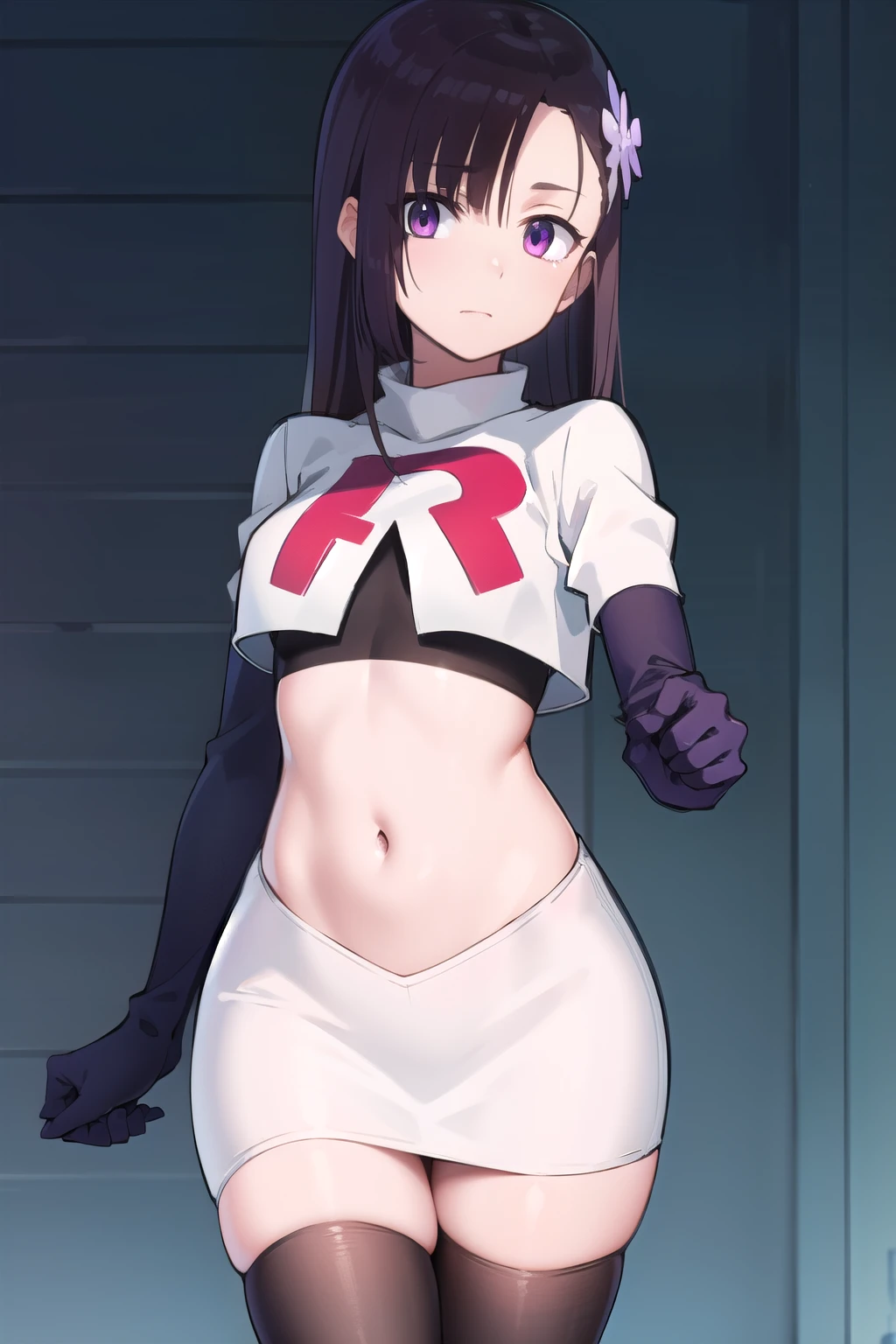 hitomihino, hitomi hino, long hair, black hair, hair ornament, (purple eyes:1.1),
BREAK team rocket,team rocket uniform,white skirt,red letter R,crop top,black thigh-highs,black elbow gloves,
BREAK looking at viewer, cowboy shot,
BREAK (masterpiece:1.2), best quality, high resolution, unity 8k wallpaper, (illustration:0.8), (beautiful detailed eyes:1.6), extremely detailed face, perfect lighting, extremely detailed CG, (perfect hands, perfect anatomy),