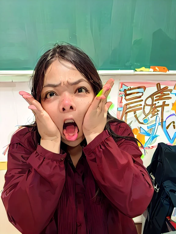 A woman put her hands in front of her face and made a face, crazy expression, A surprised expression, A surprised expression on her face, Confused expression, Excited expression, shocked expression on her face, shocked expression, teacher, Hands on face, In the school classroom, frown in surprise, Bored expression, expressive A surprised expression, Naughty expression, Cute Q version with exciting expressions