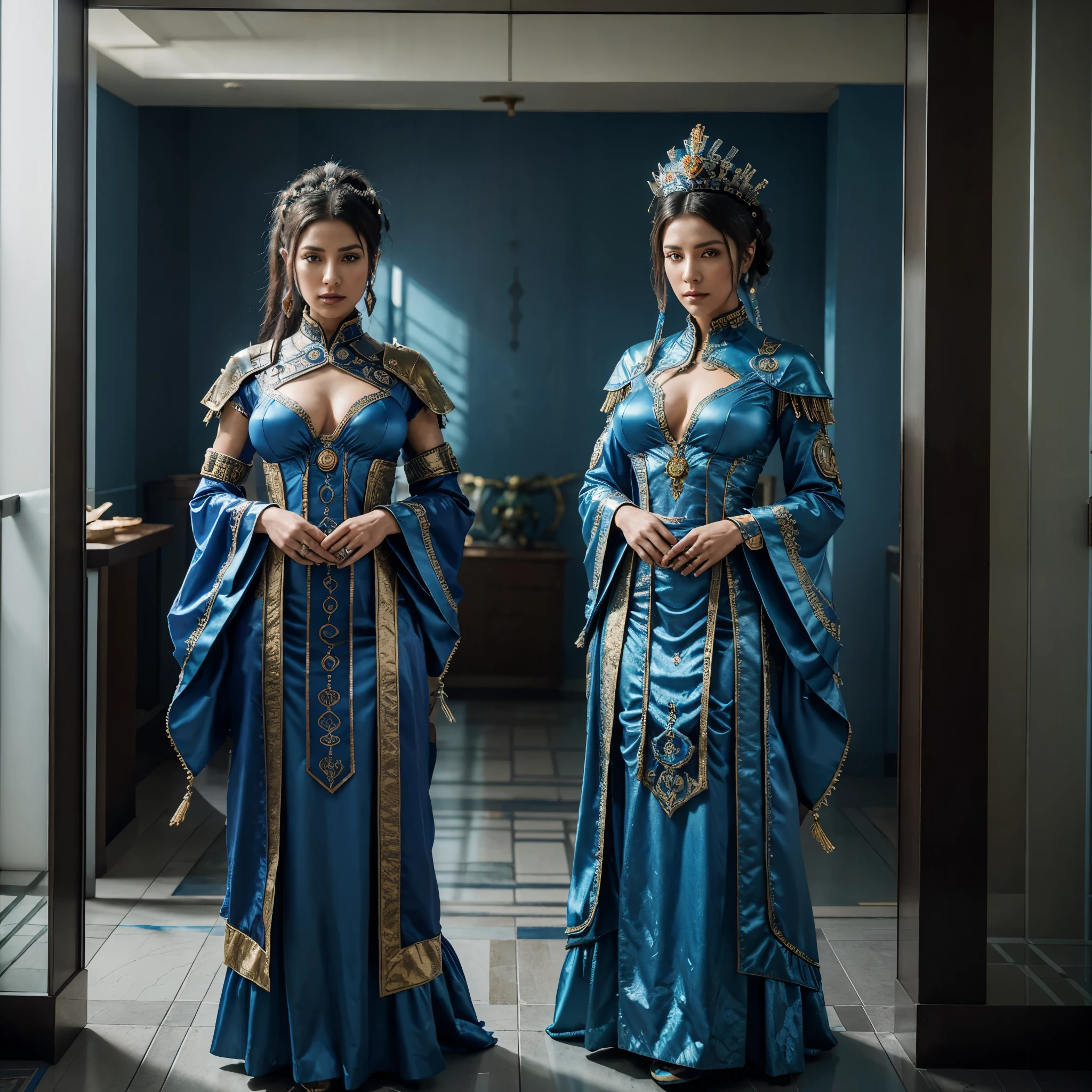 two women in costumes are standing in a room, as lady mechanika, static Prometheus frame, blue body paint, cyberpunk ornaments, Aztec Empress, cinematic details, guards, balcony scene, solarpunk, by Leon Wyczółkowski, sisters, Japanese cgi, Kazakh empress, character close-up  