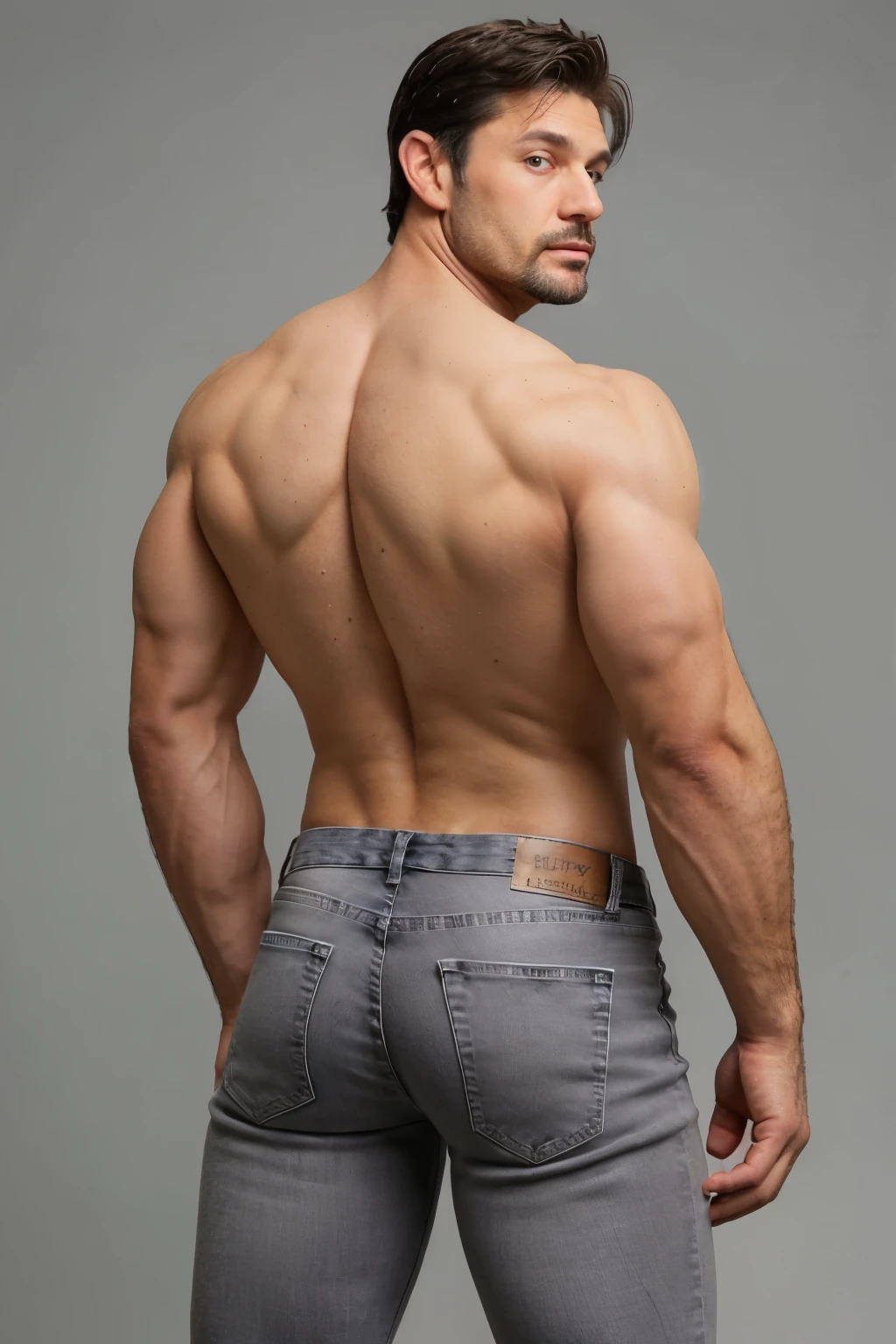 realistic photo of muscular and masculine mechanic man, 40 years old, cuerpo completo, cara detallada. Gray jeans ajustados . backside agachado