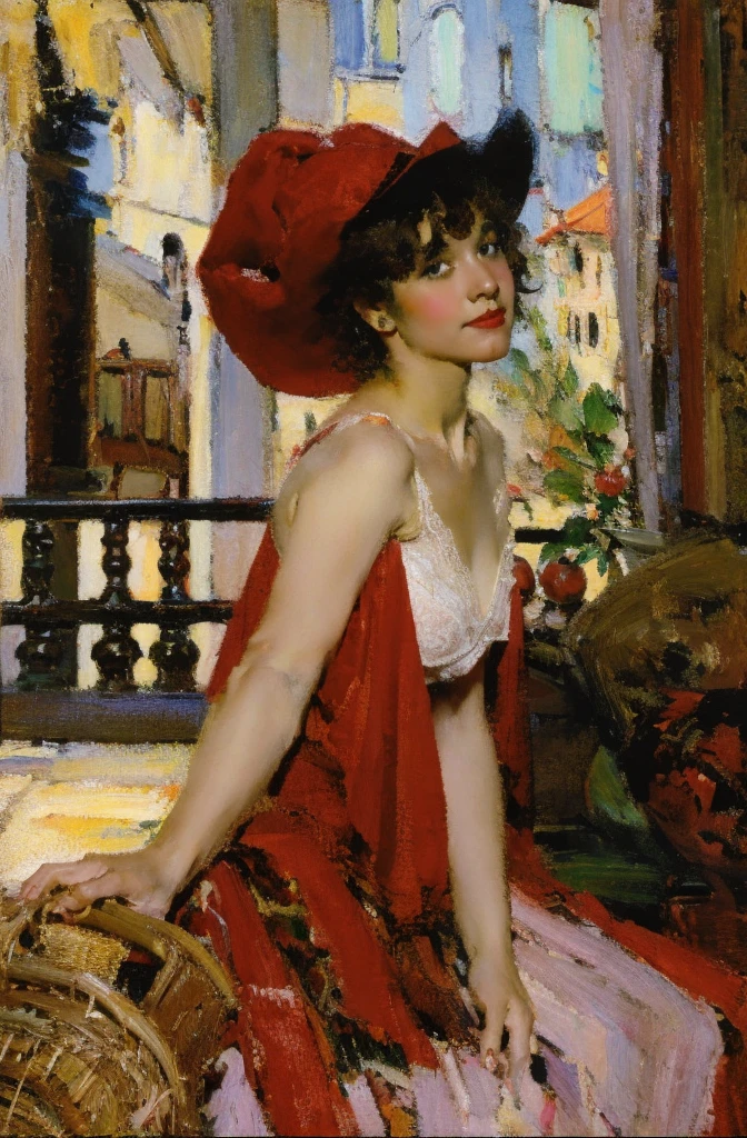 It depicts a girl wearing red clothes encountering a wolf.，Quiet and harmonious atmosphere，Dramatic composition，Warm color palette，Correct Anatomy，Detailed face, Detailed eyes，（Girls：Red shawl，Red Hat，Lace dress，Red Hat, Cape, big bust bra, skirt, Red dress，Carrying a basket of fruit），background：charm，Natural light, Candy House，Fairy World，((Sexual suggestion)),Attractions,(Post-Impressionism),Rich colors,(フェシャンoil - フェシャンoil , oil), 04