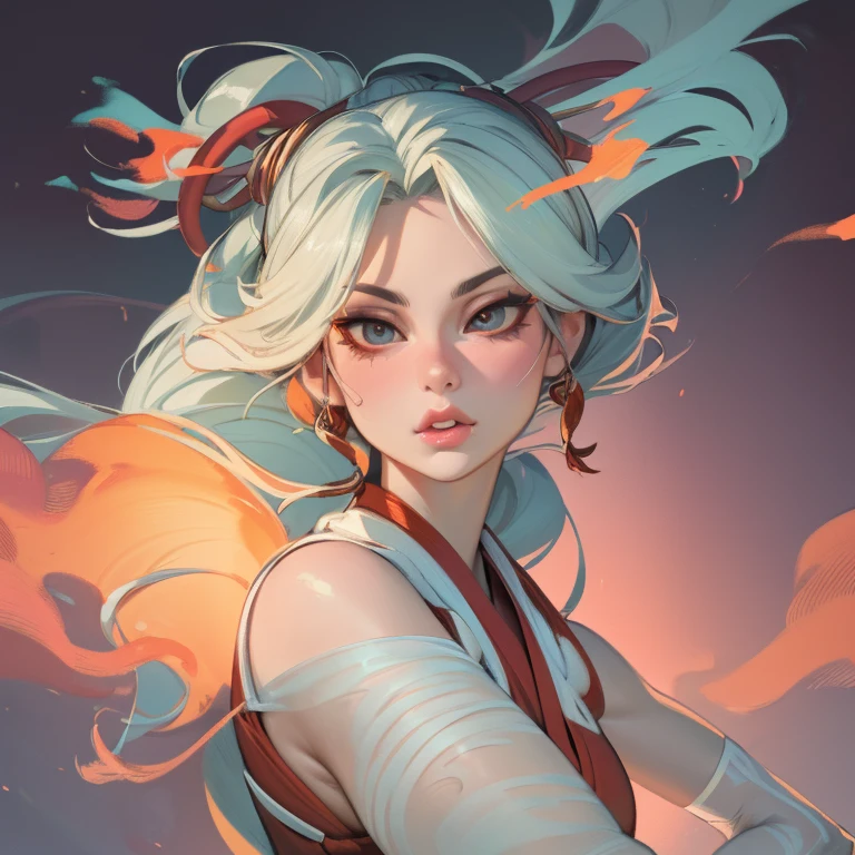(best quality,4k,8k,highres,masterpiece:1.2),ultra-detailed,(realistic,photorealistic,photo-realistic:1.37),beautiful detailed eyes,pouty lips,expressive face,1girl,long,wavy hair,flawless porcelain skin,alluring gaze,captivating gaze,tight revealing outfit,bright vibrant colors,dynamic lighting,shadows and highlights,fire and smoke background,vibrant red and orange tones,anime art style,focus on character Mai Shiranui,sexy confident pose,sensuality,energy,intensity