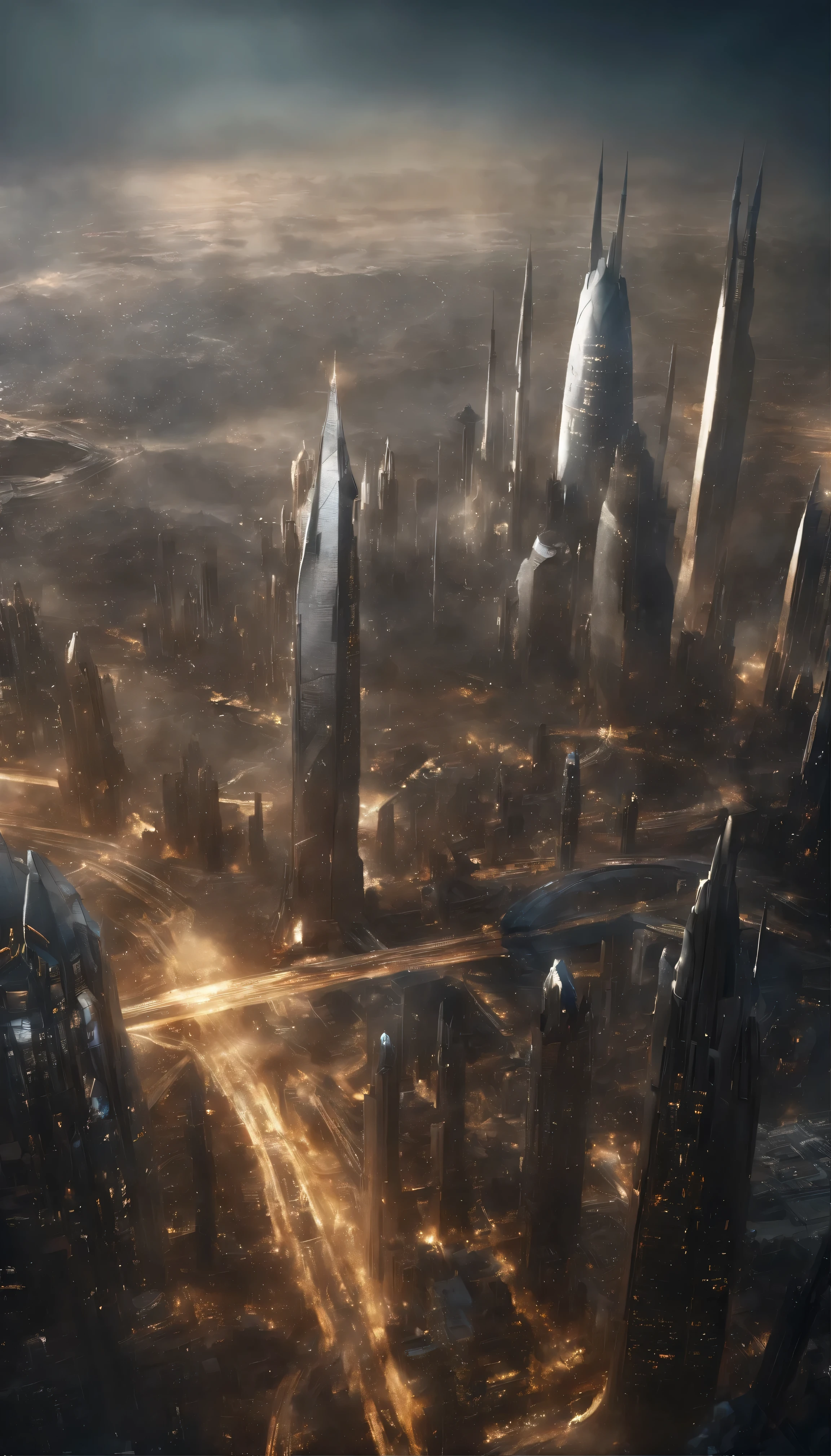((Ultra-fine masterpiece)) - Majestic images of huge sci-fi cities: In the endlessly expanding universe、A huge and mysterious city stretches into infinity、A breathtaking view of science fiction art。This magnificent metropolis suspended above the earth、Drifting among the countless planets floating in the sky、Casting an enchanting spell。With swirling nebulae and swirling cosmic dust dancing around it、The city's celestial architecture sparkles with an otherworldly blend of elegance and strength.。Decorated with rainbow-colored energy scars