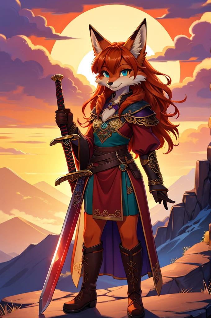 bright colors, fantasy style art, looking at viewer, facing viewer, beautiful anthropomorphic female fox, mature and young, tall character, 5 feet 11 inches tall, fluffy fox fur, furry fluffy skin, teal eyes, orange fur, long wavy bright orange hair, shapely body, skinny body, healthy body, purple and red warrior outfit, ornate red clothes, fancy purple patterns and symbols, 2 red dress coattails hanging down her sides, high brown leather boots, long draping red sleeves, long fluffy fox tail, standing on a mountainside, on the side of the mountain peak, sunset, brilliant cloudy sky, sunset lighting up the clouds, smiling, pleased expression, holding a long orange sword, large and long sword, holding a long and thin sword, high quality digital art, 2k, professional illustration, highly detailed