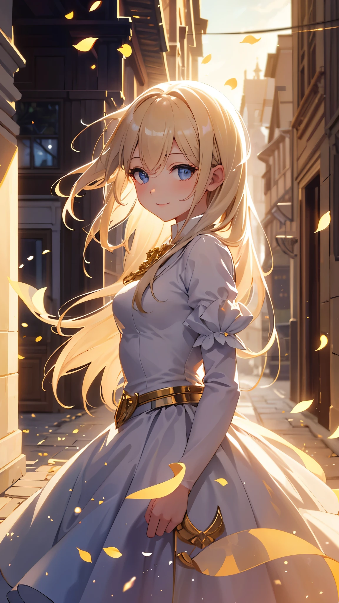 A girl in a medieval English town, with morning sunlight shining on the buildings. Rose petals flutter in the air, as if being blown by a gentle breeze. The girl, with her golden hair and hair behind her ears, stands in front of the camera and smiles. The town is adorned with Art Deco architectural elements, adding a touch of elegance to the scene. The depth of field creates a sense of depth, and the sunlight casts beautiful shadows on the cobblestone streets. The image is of the highest quality, with ultra-high resolution, sharp details, and vivid colors. The overall color tone is warm and inviting. The lighting is carefully designed to create a nostalgic and romantic atmosphere.