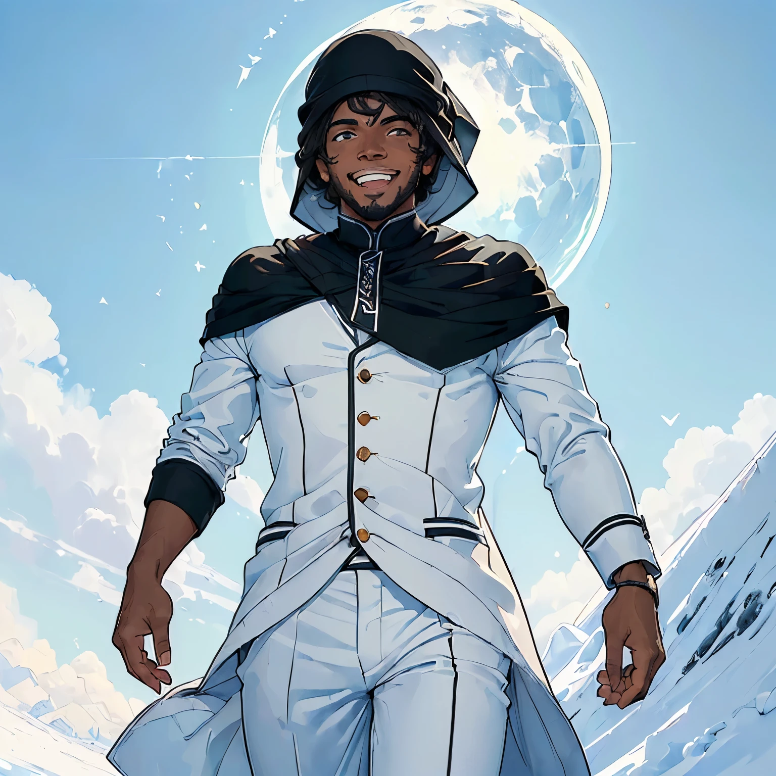 ((Melhor Qualidade)), ((Obra de Arte Mestre)), (Detalhado), ((Ilustrativo em Pencilografo)), ((Homem Negro Adulto: 1.5)), ((Alegre e Feliz: 1.5)), ((Caminhando Confidencialmente: 1.5)), ((Descendo uma Ladeira enchendo de Vida: 1.0)), ((Rua Luminosas em Lua Cheia: 1.0)), ((Vestindo um Terno Branco Suave: 1.5)), ((Gorro Branco Protector de Sol: 1.0)), ((Essa T