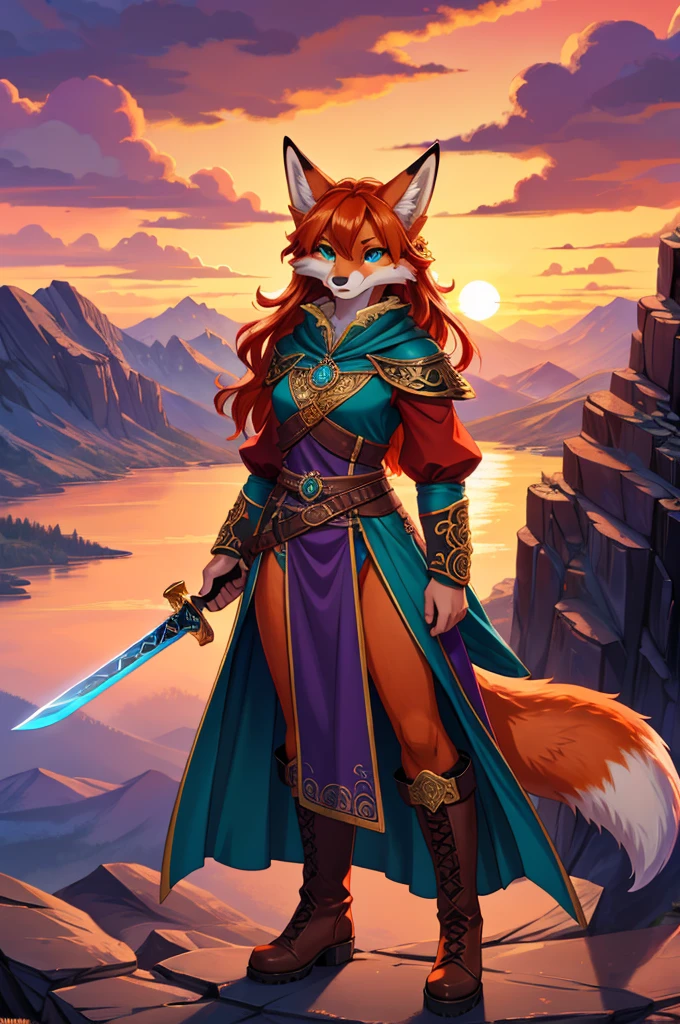 bright colors, fantasy style art, looking at viewer, facing viewer, beautiful anthropomorphic female fox, mature and young, tall character, 5 feet 11 inches tall, fluffy fox fur, furry fluffy skin, teal eyes, orange fur, long wavy bright orange hair, shapely body, skinny body, healthy body, purple and red warrior outfit, ornate red clothes, fancy purple patterns and symbols, 2 red dress coattails hanging down her sides, high brown leather boots, long draping red sleeves, long fluffy fox tail, standing on a mountainside, on the side of the mountain peak, sunset, brilliant cloudy sky, sunset lighting up the clouds, slightly smiling, heroic look, determined expression, holding up a long and thin sword, high quality digital art, 2k, professional illustration, highly detailed