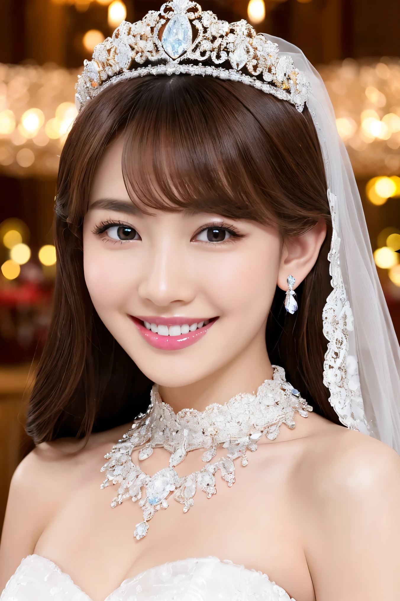 (highest quality、Tabletop、8k、Best image quality、Award-winning works)、One beautiful bride、(alone:1.1)、(The most extravagant and gorgeous huge wedding dresses:1.1)、(Perfect Wedding Lace:1.2)、(The most extravagant and luxurious giant tiara:1.1)、(The most extravagant and luxurious giant necklace:1.1)、The most beautiful smile is looking at me、A wide selection of the finest jewellery、(Bridal upper body photo:1.1)、Perfect Makeup、Long eyelashes、Ultra HD Shining Eyes、Ultra HD Hair、Ultra High Resolution Glossy Lips、Ultra High Resolution Perfect Teeth、Super high resolution beautiful face、(Accurate anatomy:1.1)、(Very bright and beautiful skin:1.2)、(very bright and vivid:1.2)、(Luxury wedding venue background:1.1)