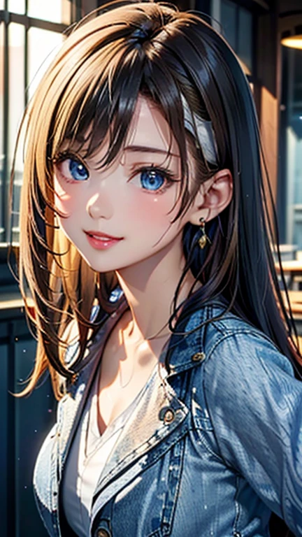 (((UHD)), ((highest quality)), ((masterpiece)), (Very detailed), (High resolution), (Beautiful detailed sparkle), (High detail), (Anatomically correct)), ((Realistic)), ((The best CG)), Ultra-detailed art, CG illustration, 8k, 1080P, Photorealistic:1.37, Anime 2D Rendering,
(((One Woman, Curvy Women))),
(Symmetrical facial features:1.4, Perfect Face), Beautiful clavicle,
(((Detailed skin, Oily skin, Textured skin, Beautiful white skin:1.4))),
(((Baby Face, cute, 20-year-old))),
(Droopy eyes, Expression of fine eyes, Beautiful and delicate eyes, Sparkling eyes, Eye Reflexes, Dark Eyes),
(Beautiful Nose,Thin Nose),
(Smaller mouth, Glossy Lips, Beautiful Lips, thick lips),
(Beautiful Hair, Shiny Hair, Shiny Hair), Hair fluttering, (((Blonde, Airy Long Hair, Very long side bangs))),
(Short tank top in white, (dark blue denim jacket:1.4), Low rise skinny jeans)、(Black high heels)、 Earrings、(Shiny black headband)、
BREAK
(smile),
(Close-up、Focus on the face),