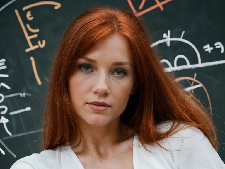 ((best quality, extremely detailed:1.8, hyperRéaliste:1.5, photorealistic:1.5, grande profondeur de champ, vue de face, redhead, rousse, ginger, very beautiful 30 year old woman in fitted tailored dress, devant un grand tableau noir, plan large, grande profondeur de champ, full-length photo, photo plein-pied )), ((femme debout habillée en blanc, she has a serious pose)),((Dans une salle de conférence une physicienne donne un cours, elle est devant un immense tableau noir où sont écrits beaucoup d'équations mathematics et beaucoup de schémas scientifiques, corps entier, le tableau recouvre tout le mur, chalk writing)), (un tableau avec de nombreux calculs mathematics différents, Mathematics and Geometry, mathematics, mathematical Equations, complex mathematical form, les mathematics unifient la science, Mathematical Equations in the background, Equations, mathematical art, formules, tableau noir, geometric figures, beautiful Equations, formules, Blackboard in the background, mathematics, geometric figures, The Big Bang Theory TV show), ((detailed woman face looking at camera, yeux vert, redhead, rousse, White clothes)), (photorealistic), sharp eyes, (elle porte une longue blouse blanche de chimiste décolletée), poitrine push-up, very thin waist, jambes longues, longues jambes, fine and detailed hands, detailed hairstyle, very long hair, White clothes, habits blanc, vêtue de blanc, femme de 30 ans charismatique, charisme, charismatique, sparkling eyes, ((plan large, grand angle, profondeur de champ))
