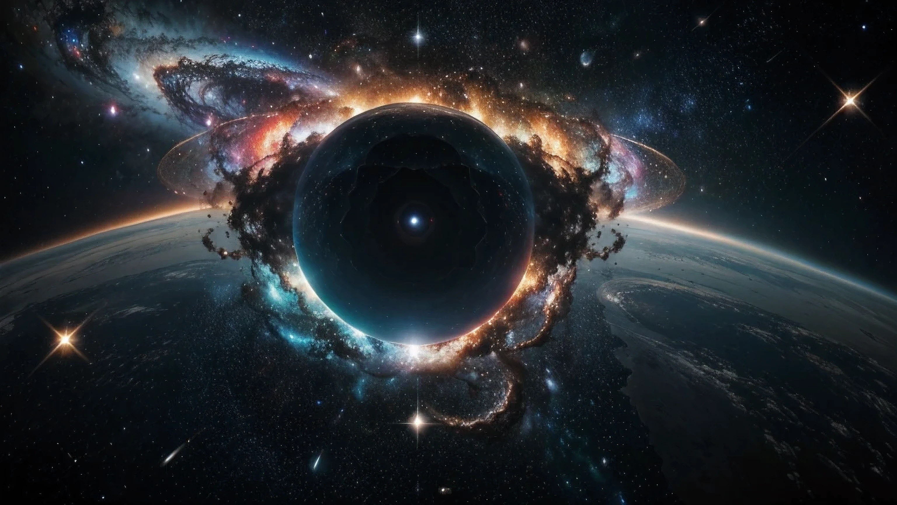 Generate a dramatic image of two galaxies in the process of colliding. The scene should capture the immense energy and chaos of the collision, with streams of stars, gas, and dust being pulled and stretched between the galaxies. Show vibrant colors and intense light where the galaxies interact, creating regions of new star formation. The background should feature the deep, dark void of space, dotted with other distant celestial objects. This dynamic and awe-inspiring scene should highlight the powerful forces at play in the universe.