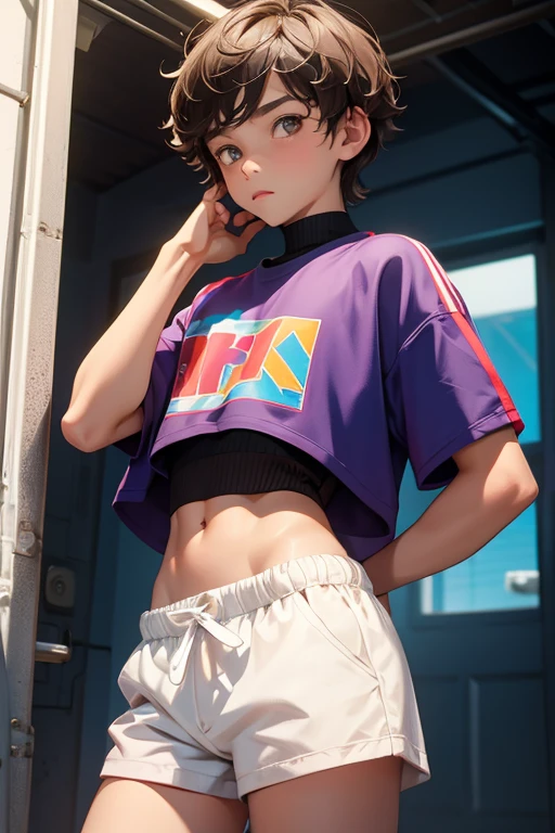 Teen boy 14 years old, boy wears a crop top and too very short shorts,