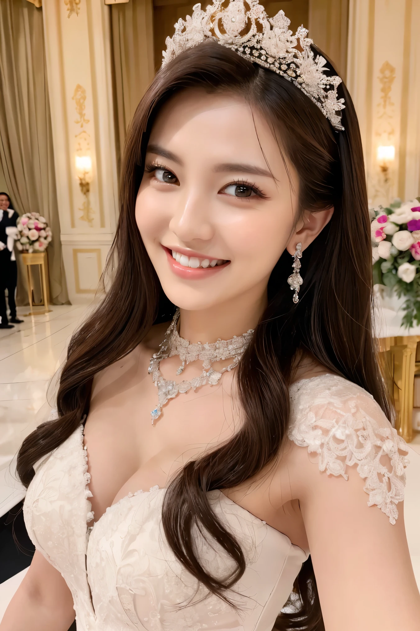 (highest quality、Tabletop、8k、Best image quality、Award-winning works)、One beautiful bride、(alone:1.1)、(The most extravagant and gorgeous huge wedding dresses:1.1)、(Perfect Wedding Lace:1.2)、(The most extravagant and luxurious giant tiara:1.1)、(The most extravagant and luxurious giant necklace:1.1)、The most beautiful smile is looking at me、A wide selection of the finest jewellery、(Bridal upper body photo:1.1)、Perfect Makeup、Long eyelashes、Ultra HD Shining Eyes、Ultra HD Hair、Ultra High Resolution Glossy Lips、Ultra High Resolution Perfect Teeth、Super high resolution beautiful face、(Accurate anatomy:1.1)、(Very bright and beautiful skin:1.2)、(very bright and vivid:1.2)、(Luxury wedding venue background:1.1)